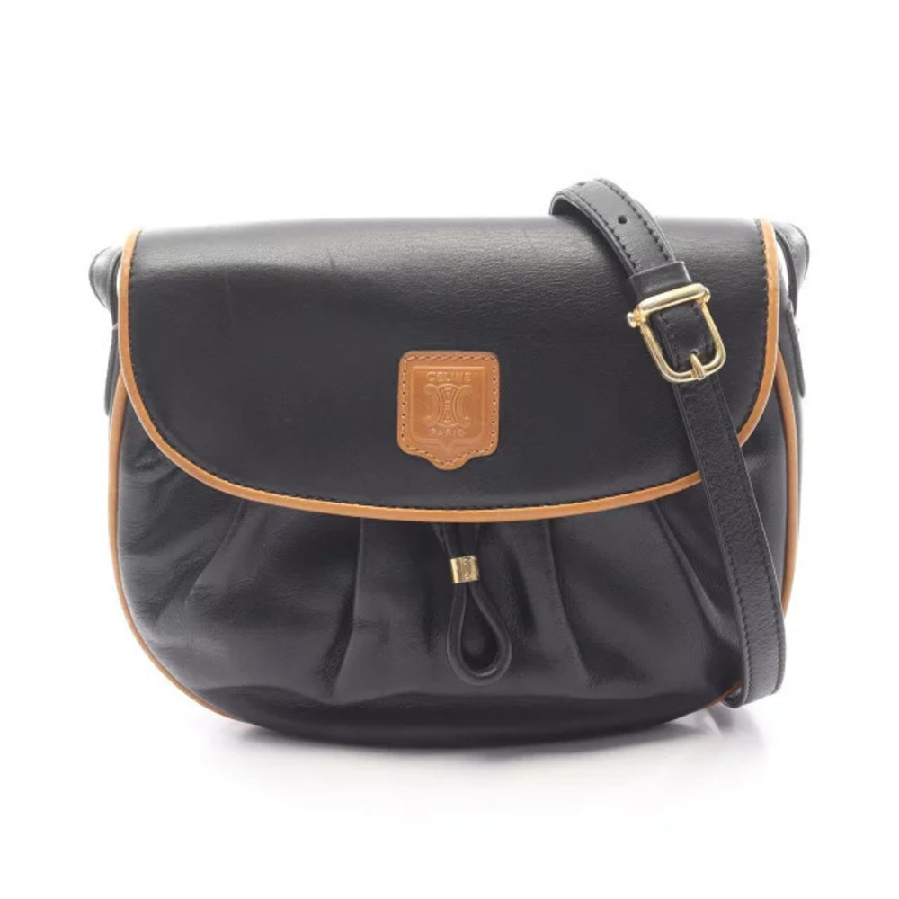 Celine black leather shoulder bag tan leather trim flap Blason logo
